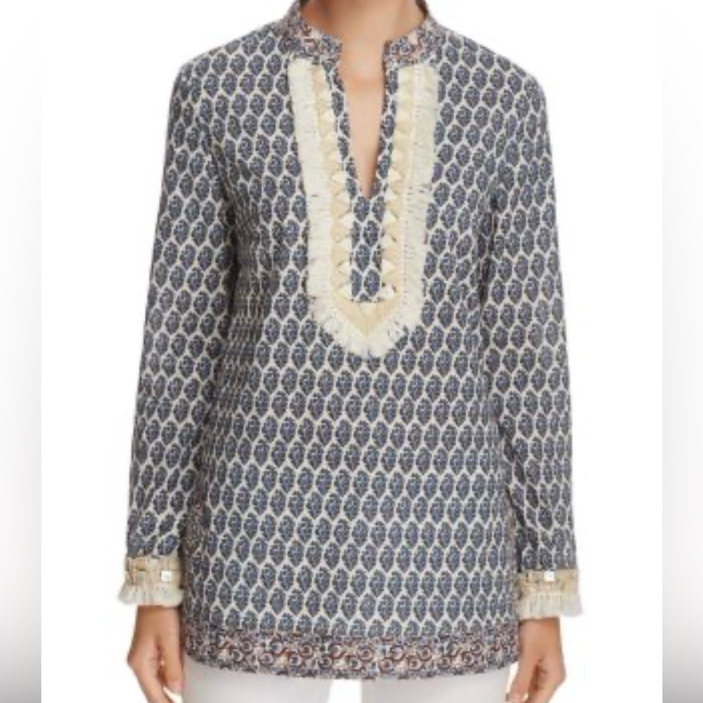 Tory Burch Blue and Cream Printed Tunic Top